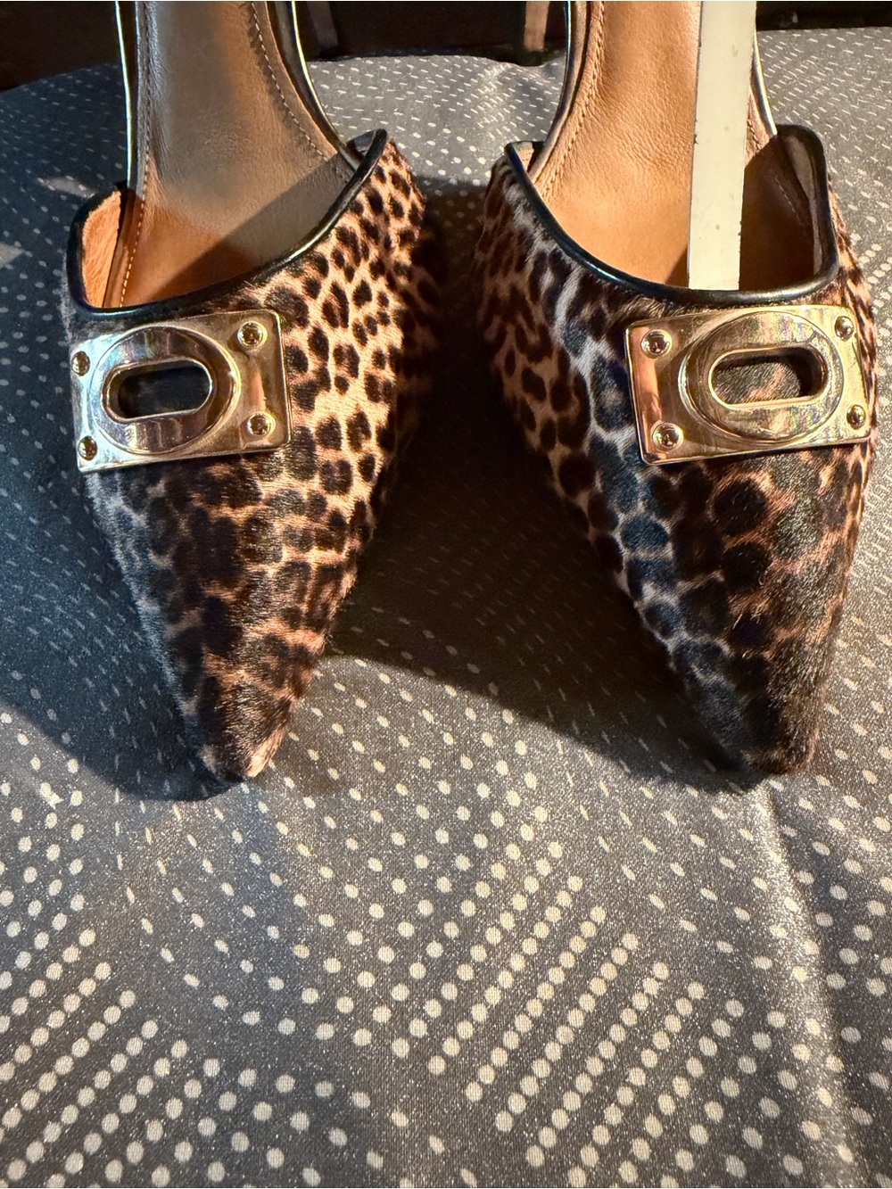 Coach Leopard Print Pointed Mule Heels with Gold Plaque